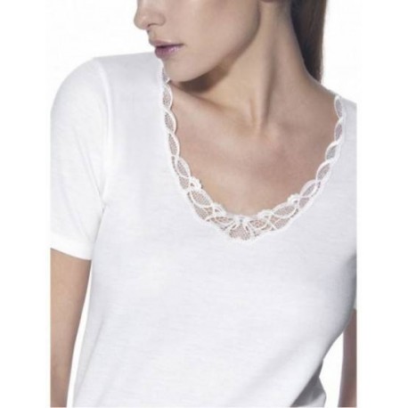 RAGNO Maglietta donna MEZZA MANICA pizzo lana merino fuori cotone sulla pelle 71857 