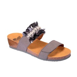 SCHOLL ciabatte sabot CHANTAL STRAP plantare BioPrint GRIGIO petali strass con strappo