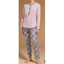 RAGNO Pigiama D535N1 lungo serafino 5 bottoni caldo cotone interlock ROSA LILLA TARTAN