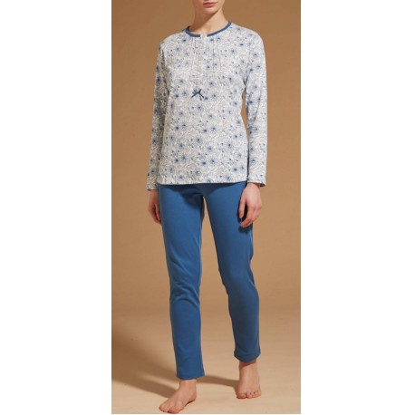 RAGNO Pigiama D540N1 lungo serafino 5 bottoni caldo cotone interlock CELESTE FANTASIA