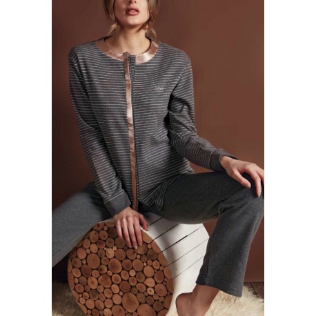 Q BO' pigiama invernale 3316 serafino giacca aperta bottoni punto milano flanella GRIGIO/ROSA