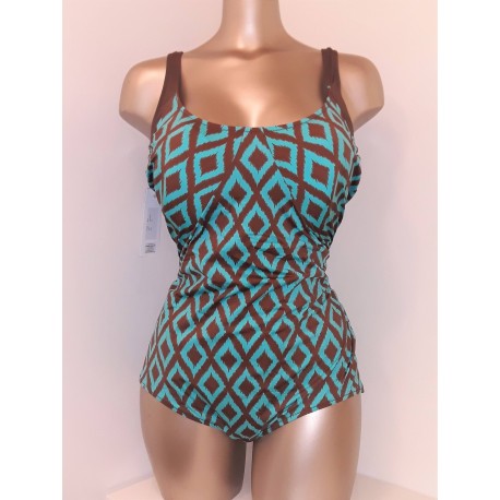 GOLDEN BEACH costume intero taglie forti 403 AURELIA contenitivo ROMBI MARRON/TURCHESE senza ferretto coppa C leggermente imbott