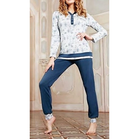 Q BO' pigiama invernale 4650 serafino 5 bottoni caldo cotone interlock BIANCO/BLU AVIO fantasia