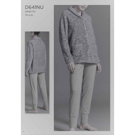 RAGNO Tuta Pigiama D641NU aperto con bottoni tasche collo sciallato GRIGIO ORSETTO MELANGE