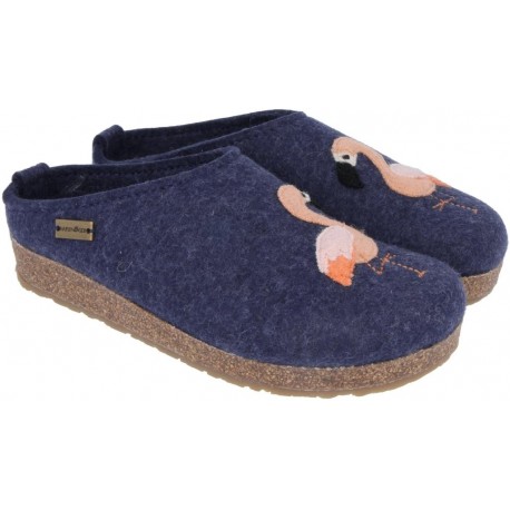 HAFLINGER pantofole KRIS FLAMINGO JEANS feltro di lana cotta fondo sughero gomma FENICOTTERI BLU