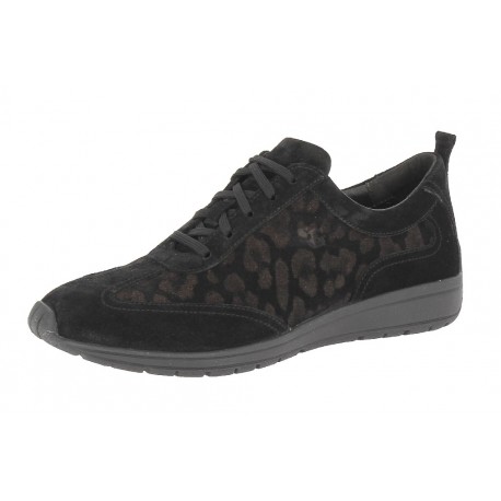 SANAGENS scarpe donna pelle WASH 105 plantare estraibile lavabile lacci NERO/LEOPARDO