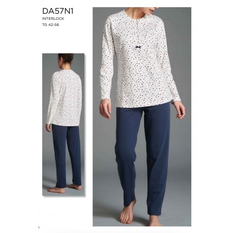 RAGNO Pigiama DA57N1 lungo serafino 5 bottoni caldo cotone interlock BIANCO/BLU FANTASIA