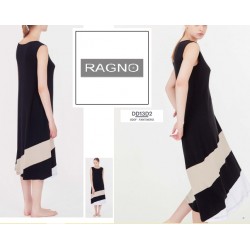 RAGNO Abito viscosa smanicato DD13D2 lungo svasato fascie sul fondo NERO