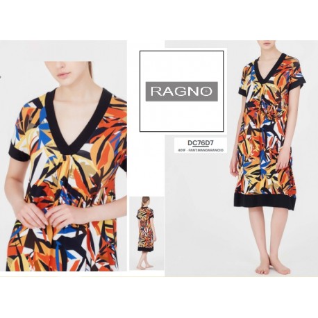 RAGNO Abito viscosa mezza manica DC76D7 scollo v fantasia MANDARANCIO bordo NERO