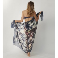 TRIUMPH copricostume BOTANICAL LEAF PAREO chiffon leggero BLU FIORI 180X135cm