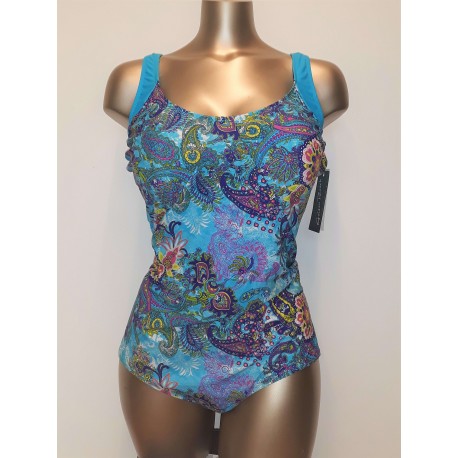 GOLDEN BEACH costume intero taglie forti 403 AURELIA contenitivo FANTASIA TURCHESE senza ferretto coppa C leggermente imbottite 