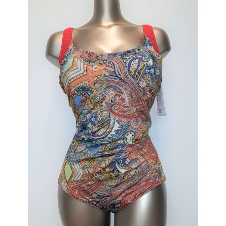 GOLDEN BEACH costume intero taglie forti 403 AURELIA contenitivo FANTASIA ROSSO senza ferretto coppa C leggermente imbottite Mad