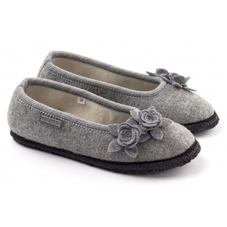 LOWENWEISS pantofole ballerine ciabatte tirolesi feltro lana BALLET GRIGIO FIORI antiscivolo 