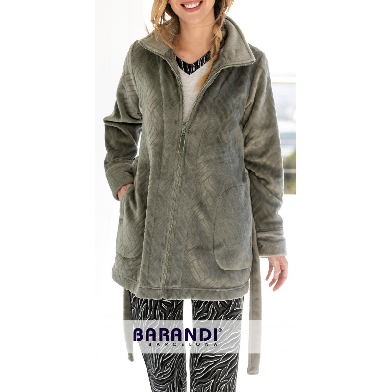 BARANDI vestaglia pile donna FRANCESCA-34 giacca zip corta invernale  cerniera tasche cintura GRIGIO SALVIA fino