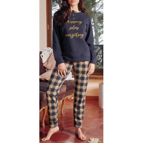 Q BO' pigiama invernale 7980 serafino 3 bottoni punto milano flanella BLU/TARTAN GRIGIO GIALLO