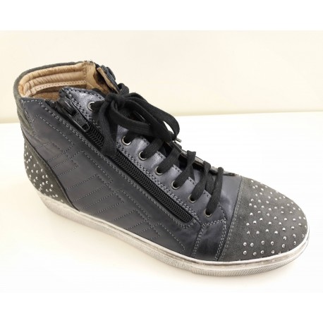 LOREN sneaker alta alla caviglia con due zip laterali e lacci C3762 NAPPA/ASFALTO plantare estraibile