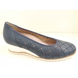 LOREN scarpa decollete con zeppa estiva pelle forata rombi A1009 BLU plantare estraibile