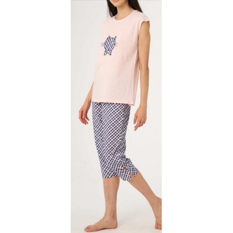 RAGNO Pigiama estivo cotone DF97NB manica corta pinocchietto GATTO ROSA TARTAN
