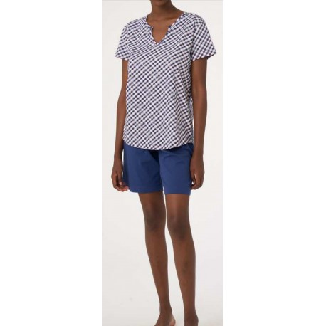 RAGNO Pigiama estivo cotone DF97NE maniche corte pantaloni corti BLU/ROSA TARTAN