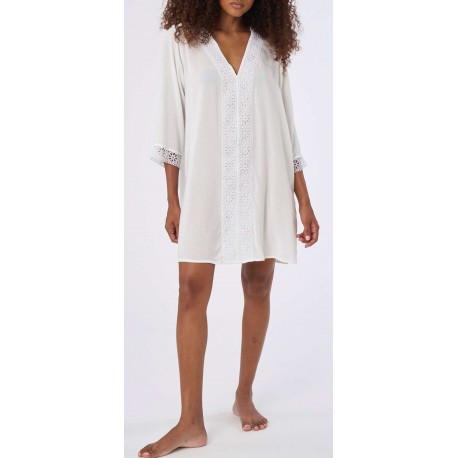 RAGNO Abito Chemisier EcoSeta freschissimo mussola di viscosa DI05DE caftano scollo v BIANCO MACRAME'