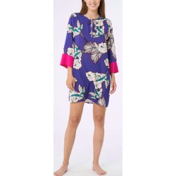 RAGNO Abito Chemisier EcoSeta freschissimo mussola di viscosa DI30DE caftano scollo v FIORI BLUETTE/FUXIA