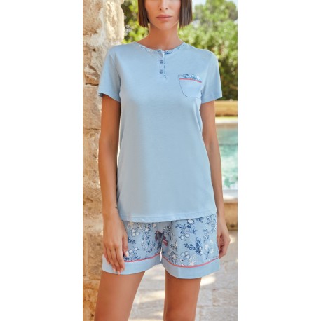 Q BO' pigiama corto leggero 9706 serafino 3 bottoni manica corta cotone modal AZZURRO CIELO FIORITO