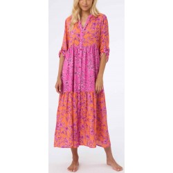 RAGNO Abito lungo Chemisier EcoSeta freschissimo mussola di viscosa DH97DE bottoni caftano FUXIA/ARANCIO FANTASIA