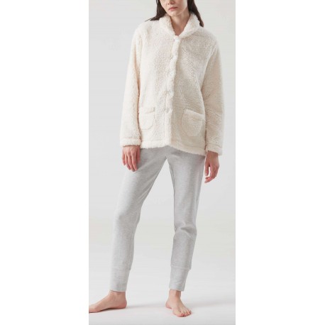 RAGNO Tuta Pigiama eco pelliccia DE57N7 aperto con bottoni tasche collo sciallato AVORIO/GRIGIO SHERPA ORSETTO