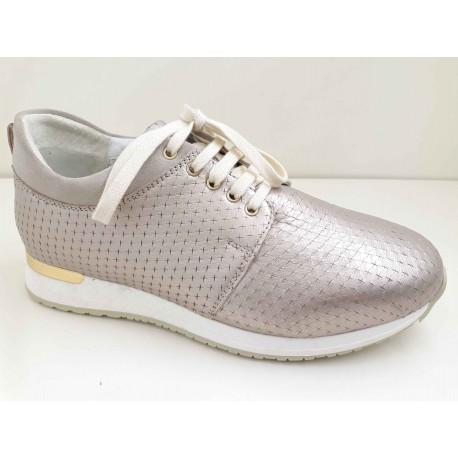 LOREN scarpa donna pelle traforata lacci plantare estraibile C3731 PERLATO CHAMPAGNE