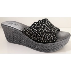 LOREN ciabatte donna estive N0430 zatterone una fascia strass plantare morbido pelle NERO SILVER