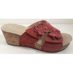 LOREN ciabatte zeppa sughero Q6908 zatterone pelle 2 strappi ROSSO con fiori/strass