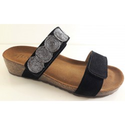 LOREN ciabatte pelle fondo sughero 2 fasce strappo D8835 plantare morbido NERO scamosciato zeppa 4cm