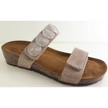 LOREN ciabatte pelle fondo sughero 2 fasce strappo D8835 plantare morbido SABBIA scamosciato zeppa 4cm