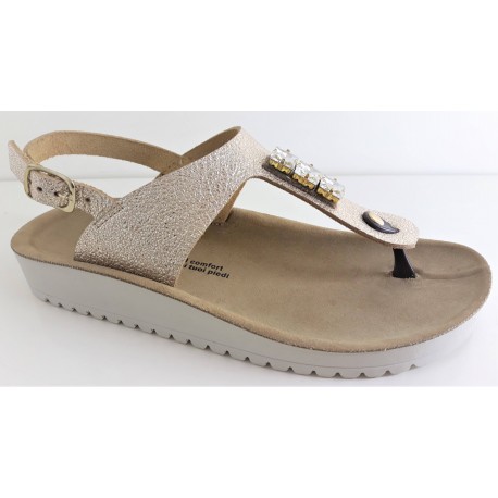 LOREN sandali pelle infradito I8310 plantare morbido flessibile PLATINO GOFFRATO strass