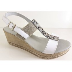 LOREN sandali pelle elastico e strass N0446 zeppa 5cm plantare ortopedico BIANCO/CORDA