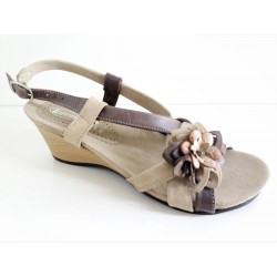 LOREN sandali pelle nappa F0520 zeppa 5cm plantare ortopedico BEIGE/MARRON decorazione floreale