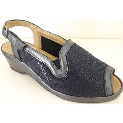 LOREN sandali eslaticizzati pelle Y8805 zeppa 4,5cm calzata comoda PERLATO BLU plantare ortopedico 