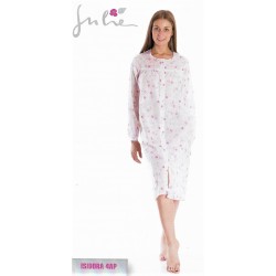 JULIE camicia notte tutta aperta con bottoni manica lunga ISIDORA mussola puro cotone BIANCO FIORI AZZURRO E ROSA