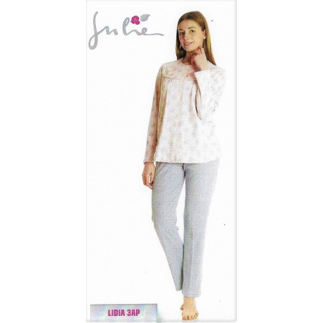 JULIE pigiama tutto aperto con bottoni manica lunga LIDIA interlock puro cotone FIORI AZZURRO e ROSA