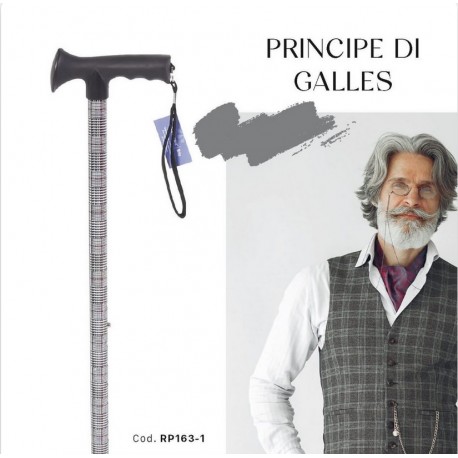 MORETTI BASTONE BRIO RP163-1 altezza regolabile FANTASIA PRINCIPE DI GALLES QUADRETTI manico a T alluminio anodizzato