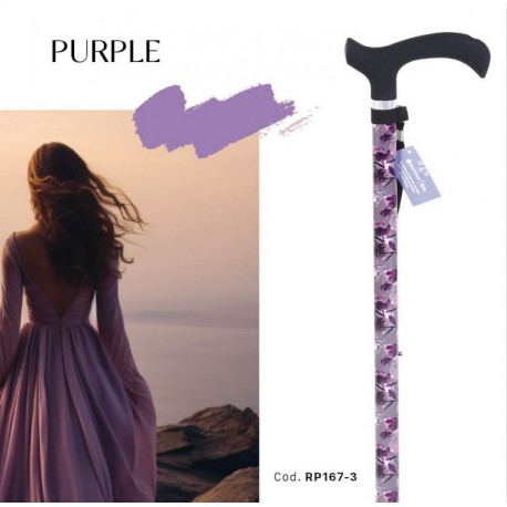 MORETTI BASTONE BRIO RP167-3 altezza regolabile FANTASIA FIORI VIOLA PURPLE manico Derby ABS alluminio anodizzato