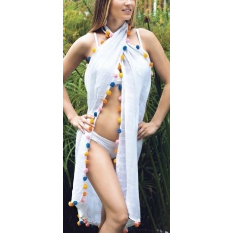 VACANZE ITALIANE ampio pareo cotone telo mare ICONIQUE 5651 con colorati pon pon BIANCO