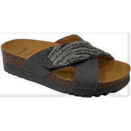 SCHOLL ciabatte incrociate sandali LA SERENA STRAP plantare BioPrint GRIGIO DENIM perline incrocio