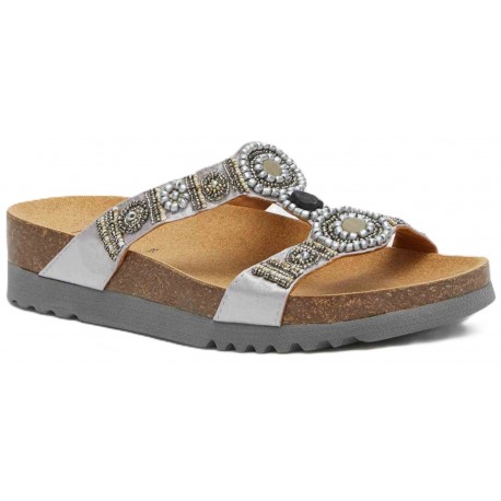 SCHOLL ciabatte sandali NEW BOGOTA' WEDGE plantare BioPrint ARGENTO/PELTRO perline pietre CANNA DI FUCILE