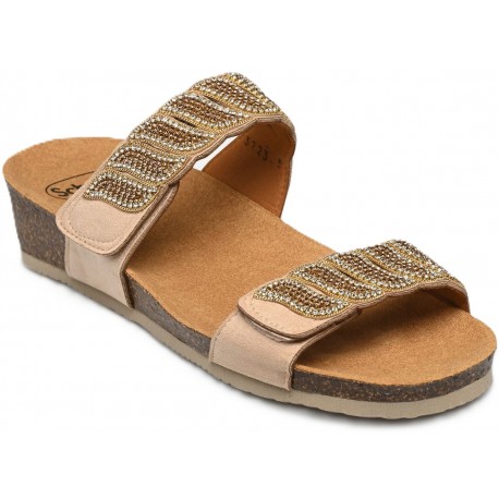 SCHOLL ciabatte sandali DOHA 2 STRAPS plantare BioPrint BEIGE perline pietre