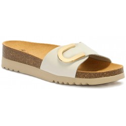 SCHOLL ciabatta pelle MONTEREY MULE plantare BioPrint 1 fascia strappo BIANCO PANNA