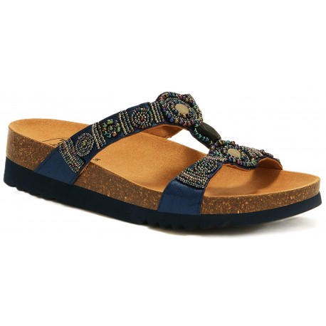 SCHOLL ciabatte sandali NEW BOGOTA' WEDGE plantare BioPrint BLU SCURO MULTICOLOR perline pietre
