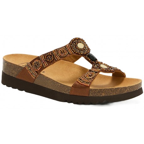 SCHOLL ciabatte sandali NEW BOGOTA' WEDGE plantare BioPrint MARRONE COGNAC MULTICOLOR perline pietre